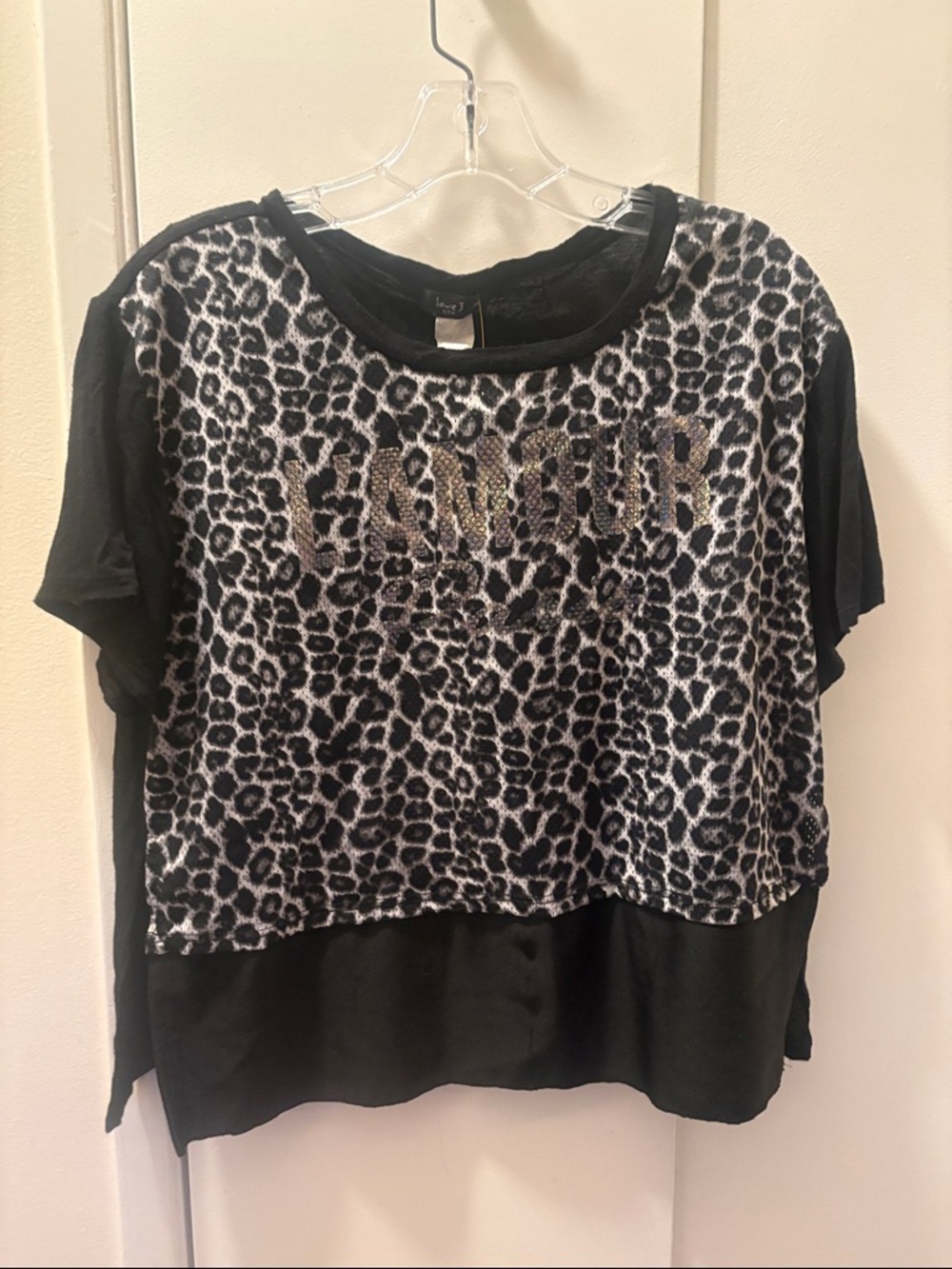 love J Black Short Sleeve Top with Gray Leopard Front and Gold Metallic "LOVE"